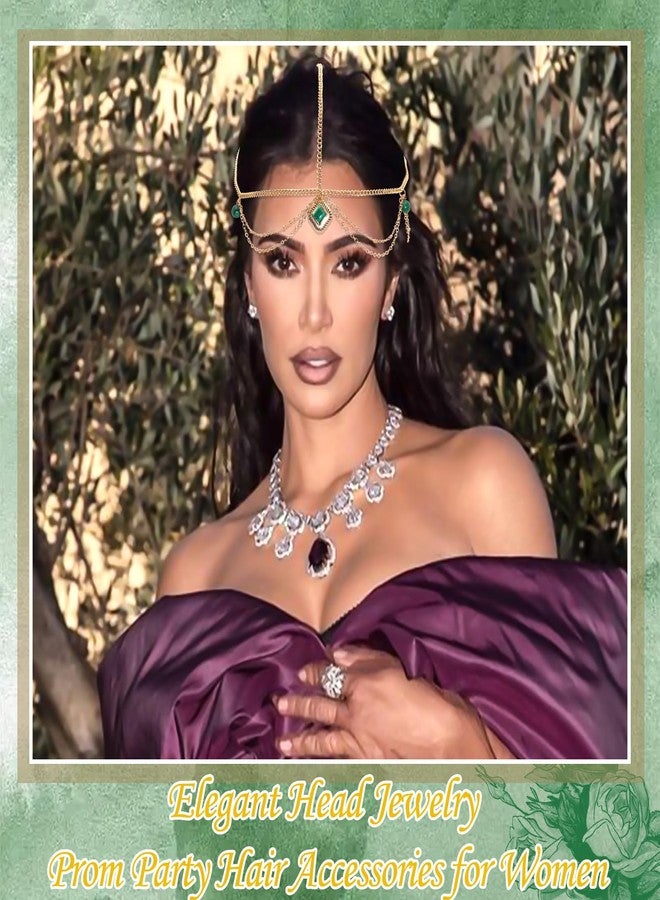 VENOFEN Head Chain Gold Headpiece Imitation Emerald Beads Forehead Jewelry for Women Boho Style Multi-Layered Chain Head Jewelry Festival Hair Decoration Accessories - Image 4